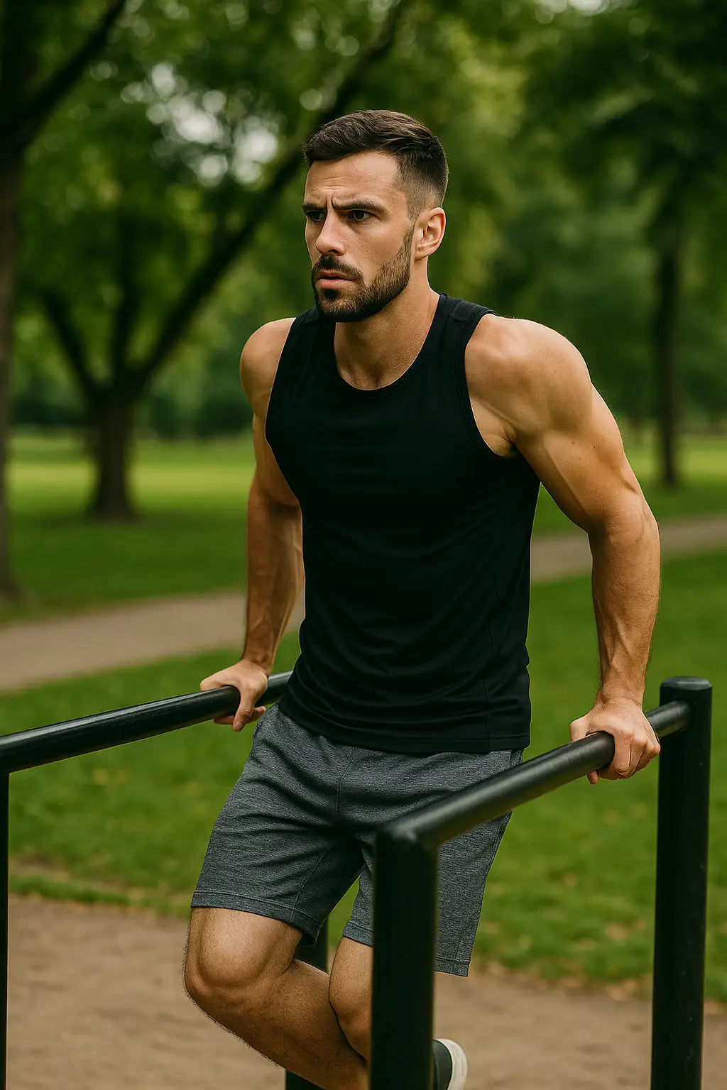 A man in black tank top doing dips outdoors in the park without using www.doexos.com equipment