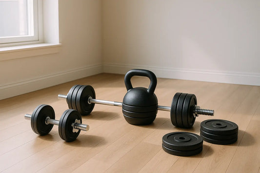 A set of adjustable dumbbells, a kettlebell, and a barbell with weight plates arranged neatly on a light hardwood floor in a bright home gym.
