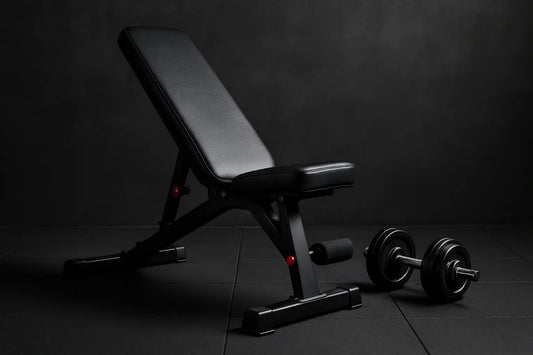 Adjustable weight bench with dumbbells in a modern home gym setting, symbolizing full-body workouts and lean muscle training