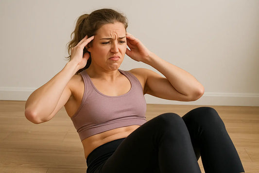 A young woman in workout clothes struggles with sit-ups on the floor, showing a frustrated expression, highlighting her dislike for ab workouts without equipment.