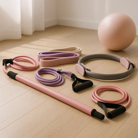 Set of pastel-colored resistance bands, a pink yoga pole, Pilates ring, and exercise ball neatly arranged on a light hardwood floor in a bright home studio
