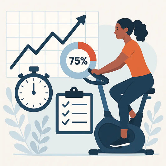 Woman riding a stationary exercise bike while monitoring fitness progress with visuals of a stopwatch, checklist, progress chart, and upward-trending graph—emphasizing the importance of tracking workout results for exercise bike success.