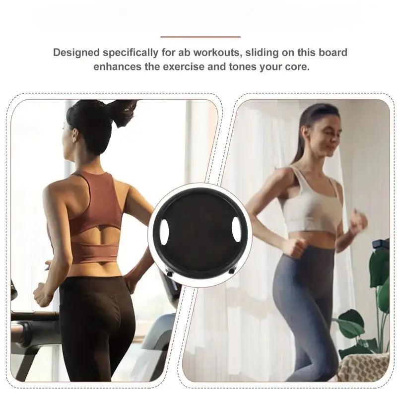 Woman using a core exercise board with text describing its benefits