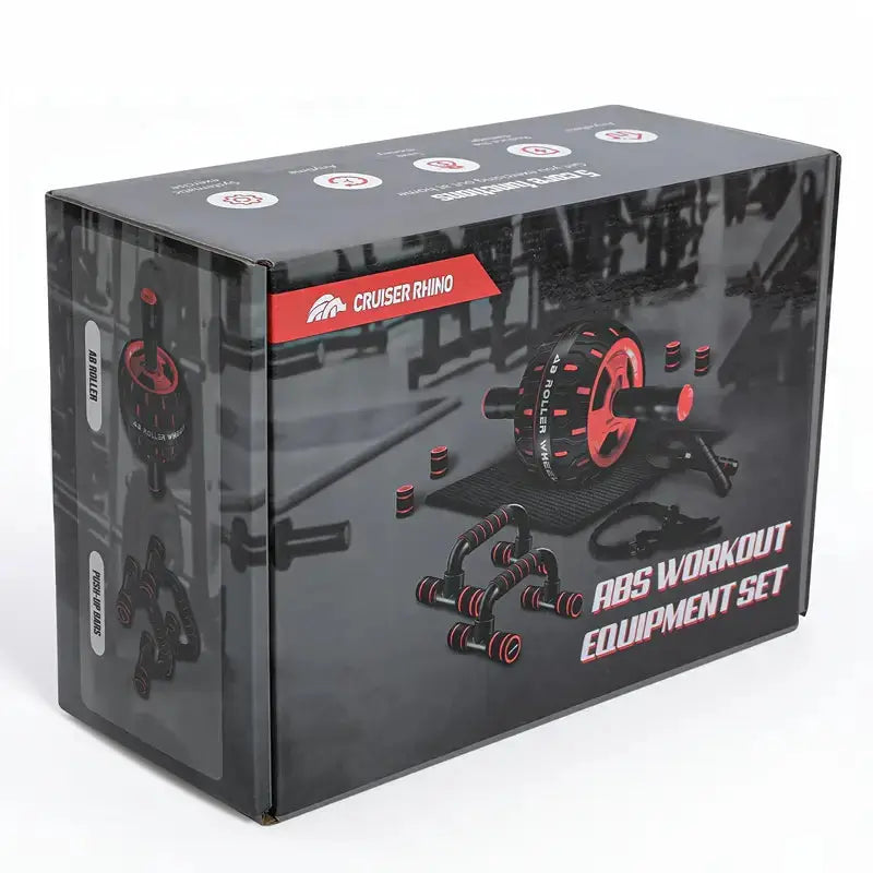 ABS workout equipment set box packaging featuring ab roller, push-up bars, resistance bands, and fitness accessories by Cruiser Rhino