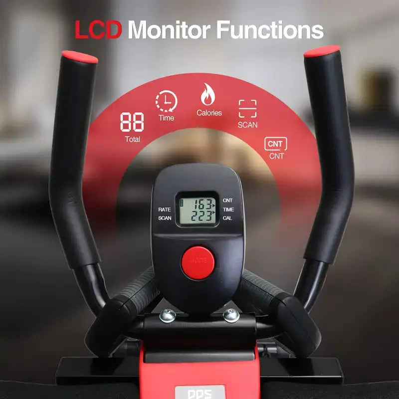 Exercise bike with LCD monitor displaying functions on a blurred background