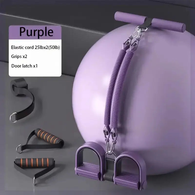 Purple resistance band set with 25lb elastic cords, foam grip handles, and door anchor—ideal for home strength training, pilates, and full-body workouts