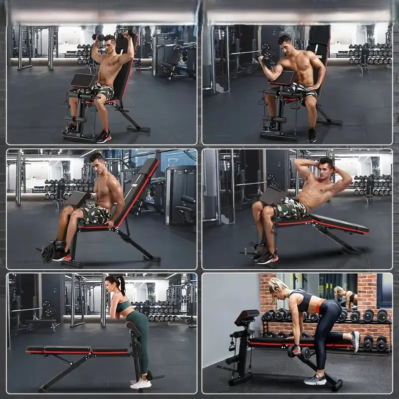 Athletes demonstrating full-body workout variations on an adjustable weight bench including shoulder press, bicep curl, sit-ups, back extension, and leg raises in a home gym and fitness studio environment