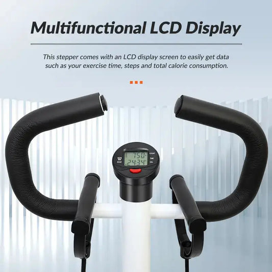 Close-up view of mini stepper handlebar with multifunctional LCD display showing workout stats like time, steps, and calories burned