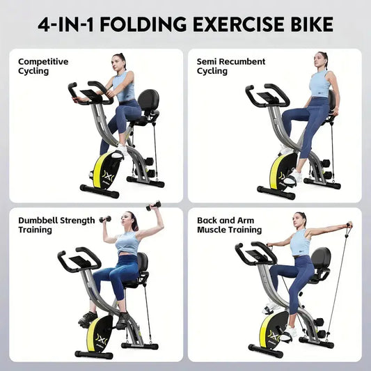 4-in-1 folding exercise bike with adjustable resistance and compact design