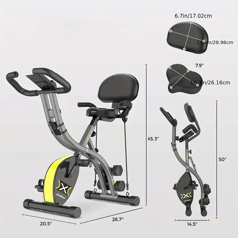 Dimensions of a stationary exercise bike showing length, width, and height
