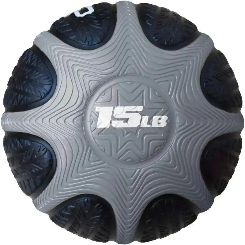Gray 15-pound textured medicine ball with star-pattern grip for strength and core training exercises