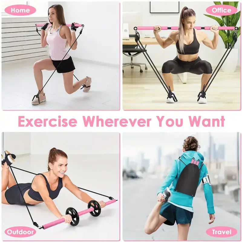 Collage of a woman using resistance bands in various settings with text indicating different locations.