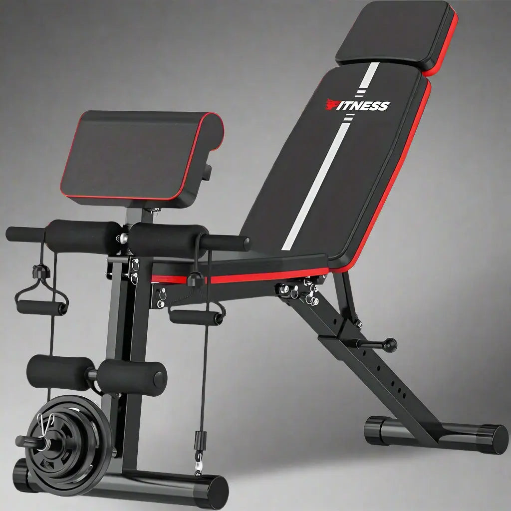 Adjustable multifunction weight bench with preacher curl pad, resistance bands, and barbell holder—ideal for incline, decline, and flat strength training, sit-ups, and full-body home gym workout