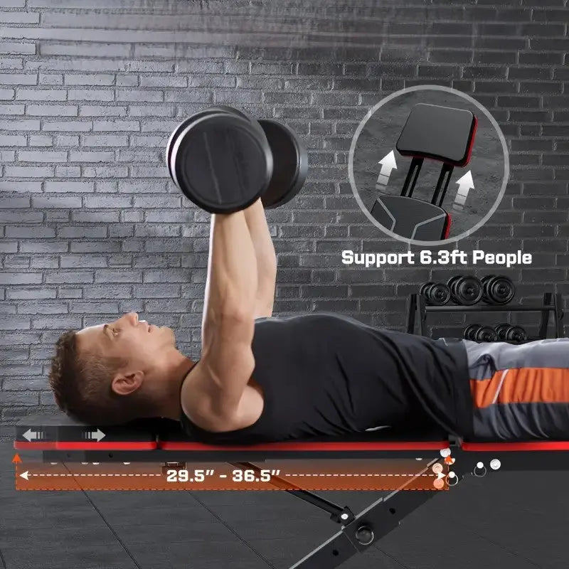 Adjustable weight bench with extended backrest, designed to support users up to 6.3 feet tall for optimal comfort during bench press and strength training