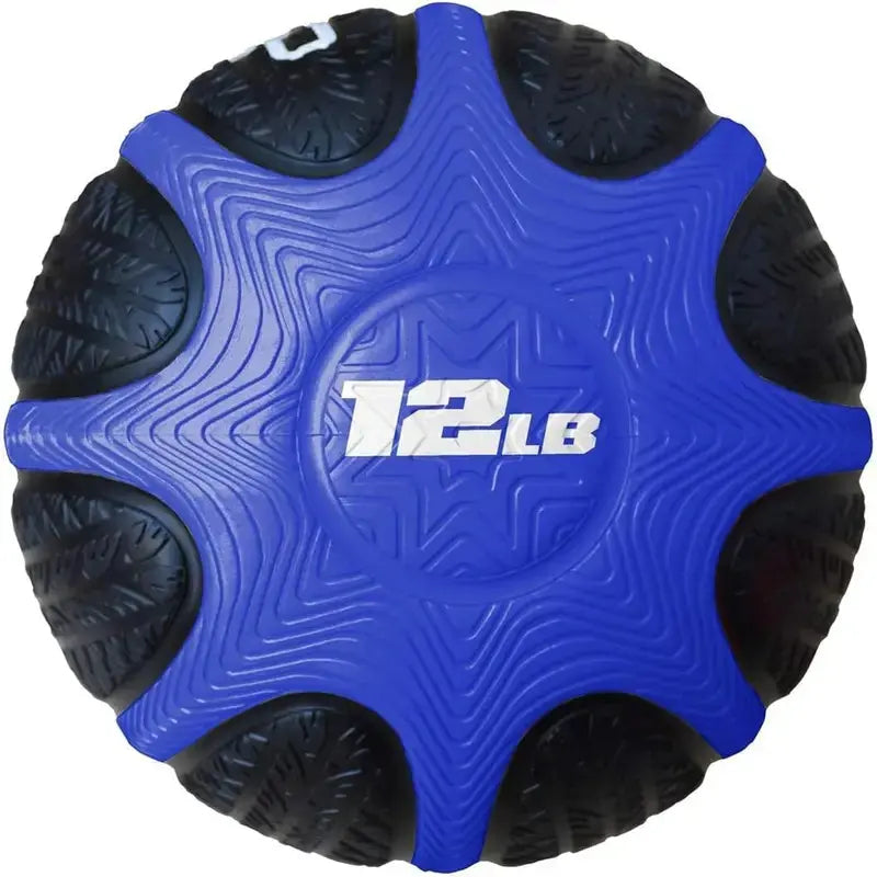 Blue 12-pound textured medicine ball with star-pattern grip for strength and core training workouts