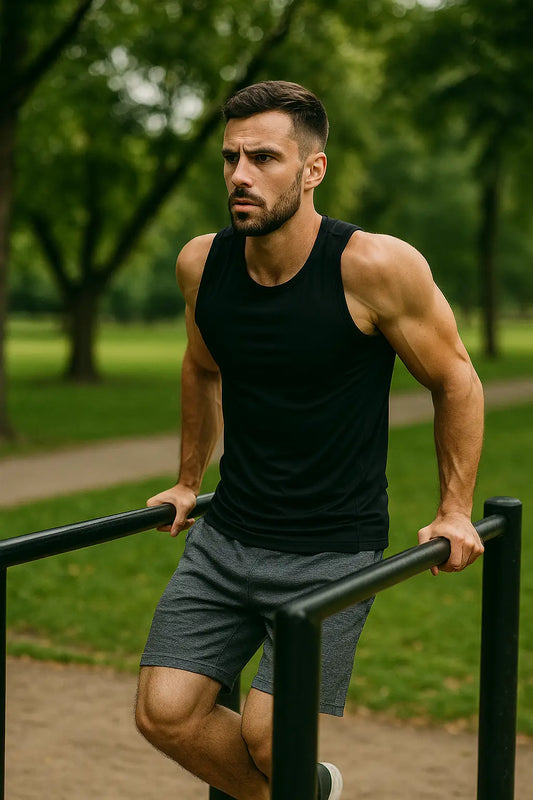 A man in black tank top doing dips outdoors in the park without using www.doexos.com equipment
