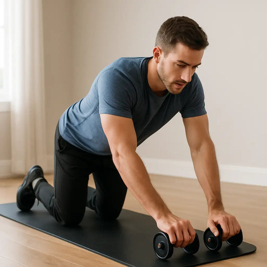 A fit man in a navy t-shirt and black pants performs a kneeling rollout using abdominal gliding discs with wheels on a black exercise mat in a bright home gym. See more about the equipment here: www.doexos.com