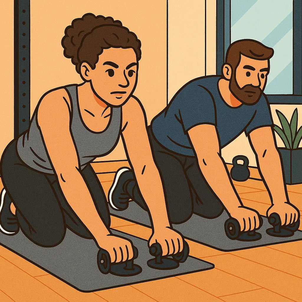 Cartoon-style illustration of a fit woman and man exercising on mats in a gym, both using ab gliders for rollout exercises with focused expressions.