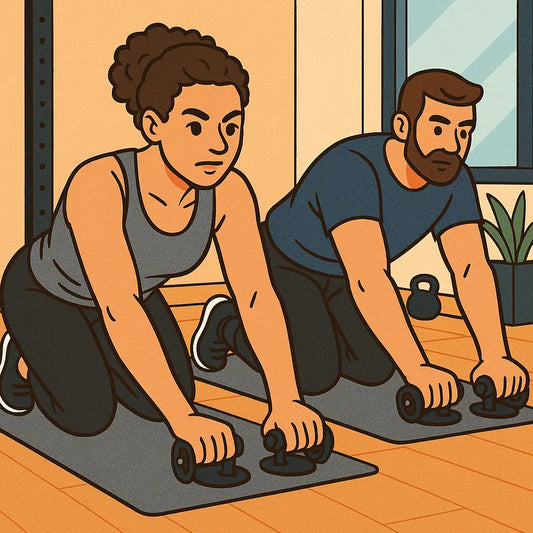 Cartoon-style illustration of a fit woman and man exercising on mats in a gym, both using ab gliders for rollout exercises with focused expressions.