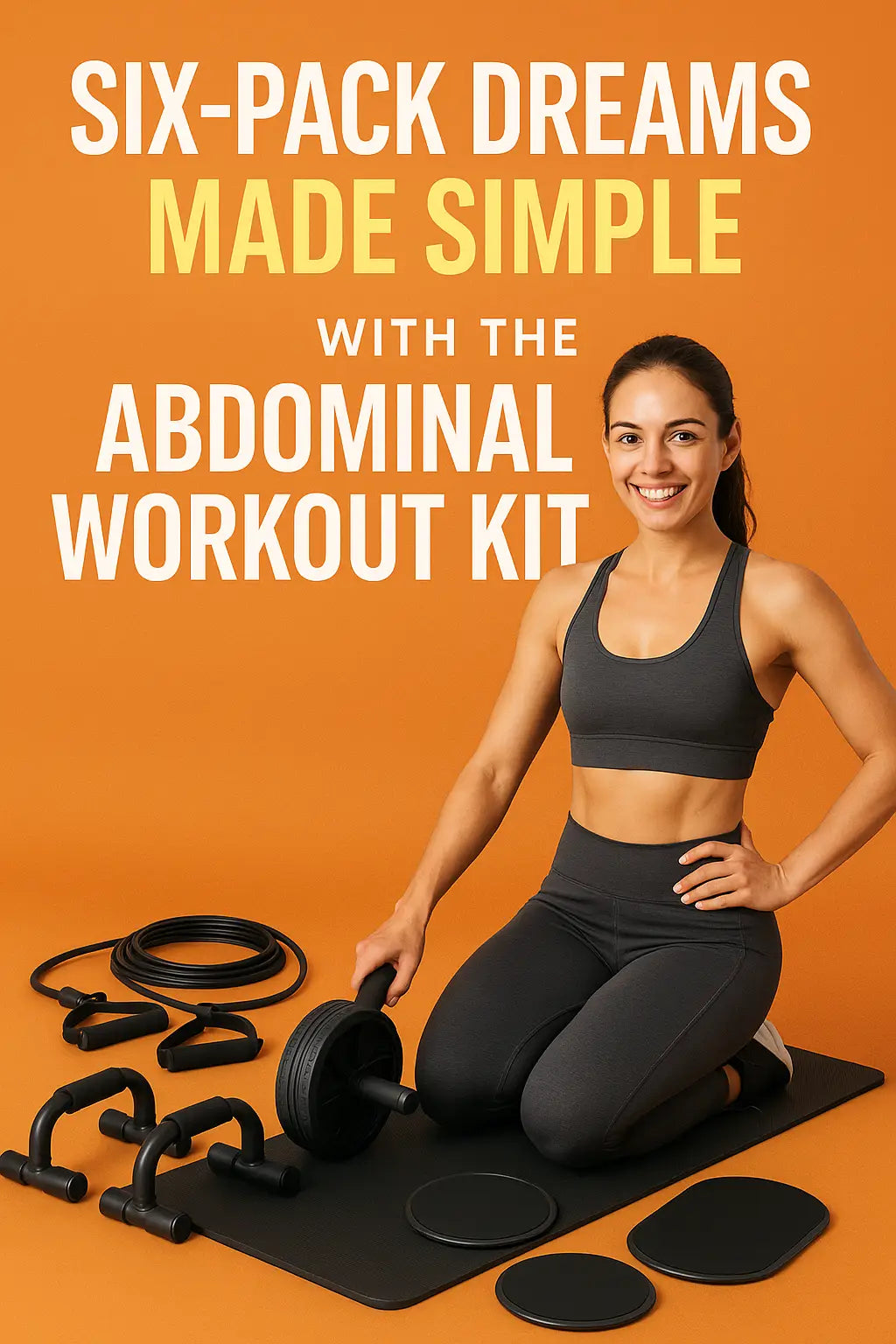 Fit woman in workout clothes kneeling on a mat, smiling while holding an ab roller. Abdominal workout kit equipment including resistance bands, push-up bars, and core sliders displayed neatly on the mat against an orange background.