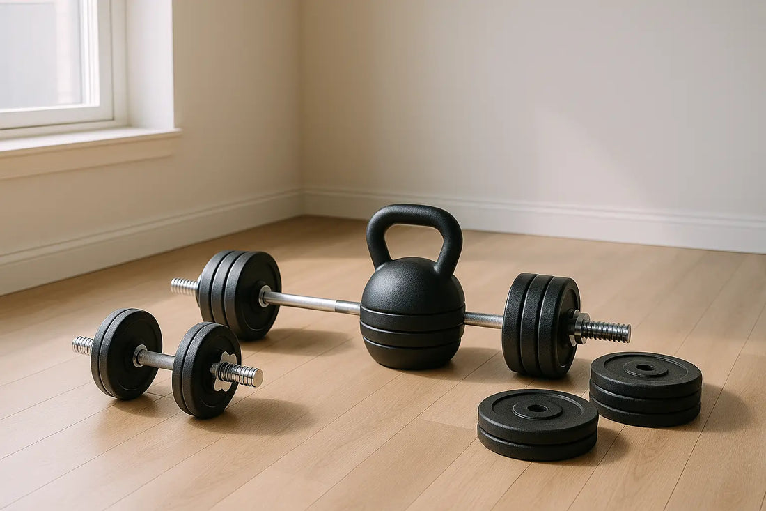 A set of adjustable dumbbells, a kettlebell, and a barbell with weight plates arranged neatly on a light hardwood floor in a bright home gym.