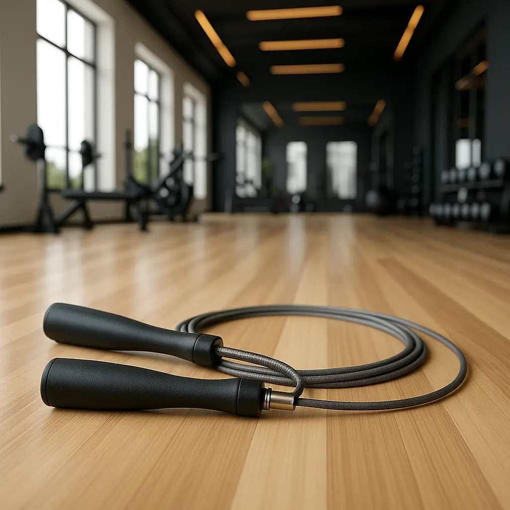A black adjustable jump rope with sleek handles and a gray cable rests coiled on a light hardwood gym floor, with modern equipment and large windows in the background.