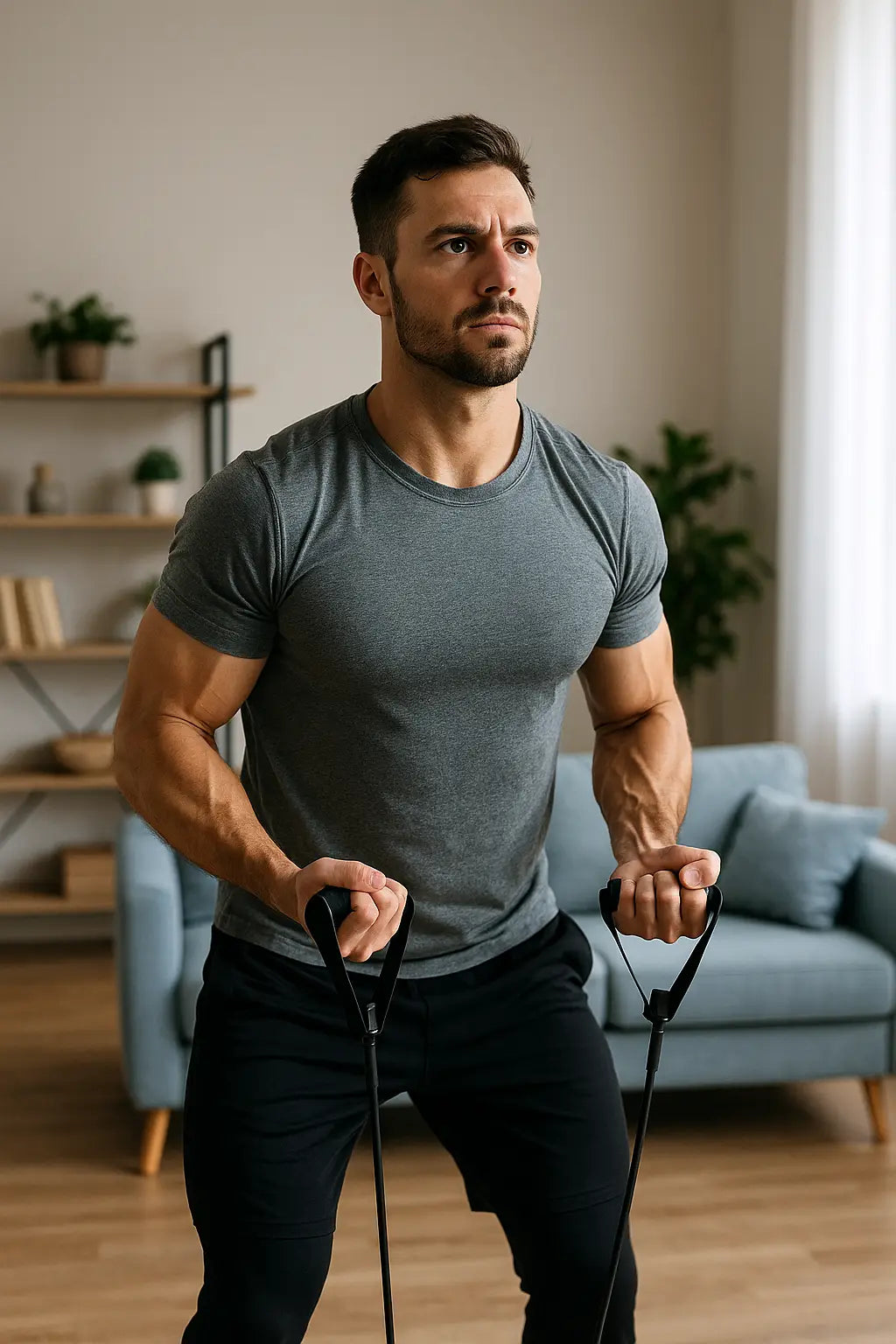 Man performing a resistance band back workout at home, focusing on strength and muscle building. Built using Adjustable Tension Resistance Bands