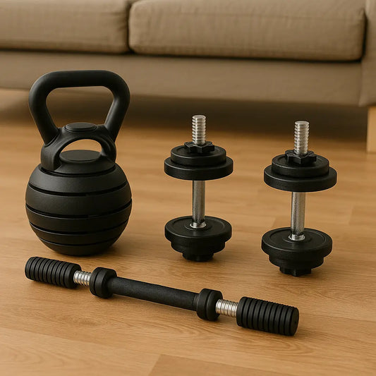 A set of adjustable workout equipment—including a kettlebell, two dumbbells, and a barbell handle—arranged neatly on a wooden floor in a living room.