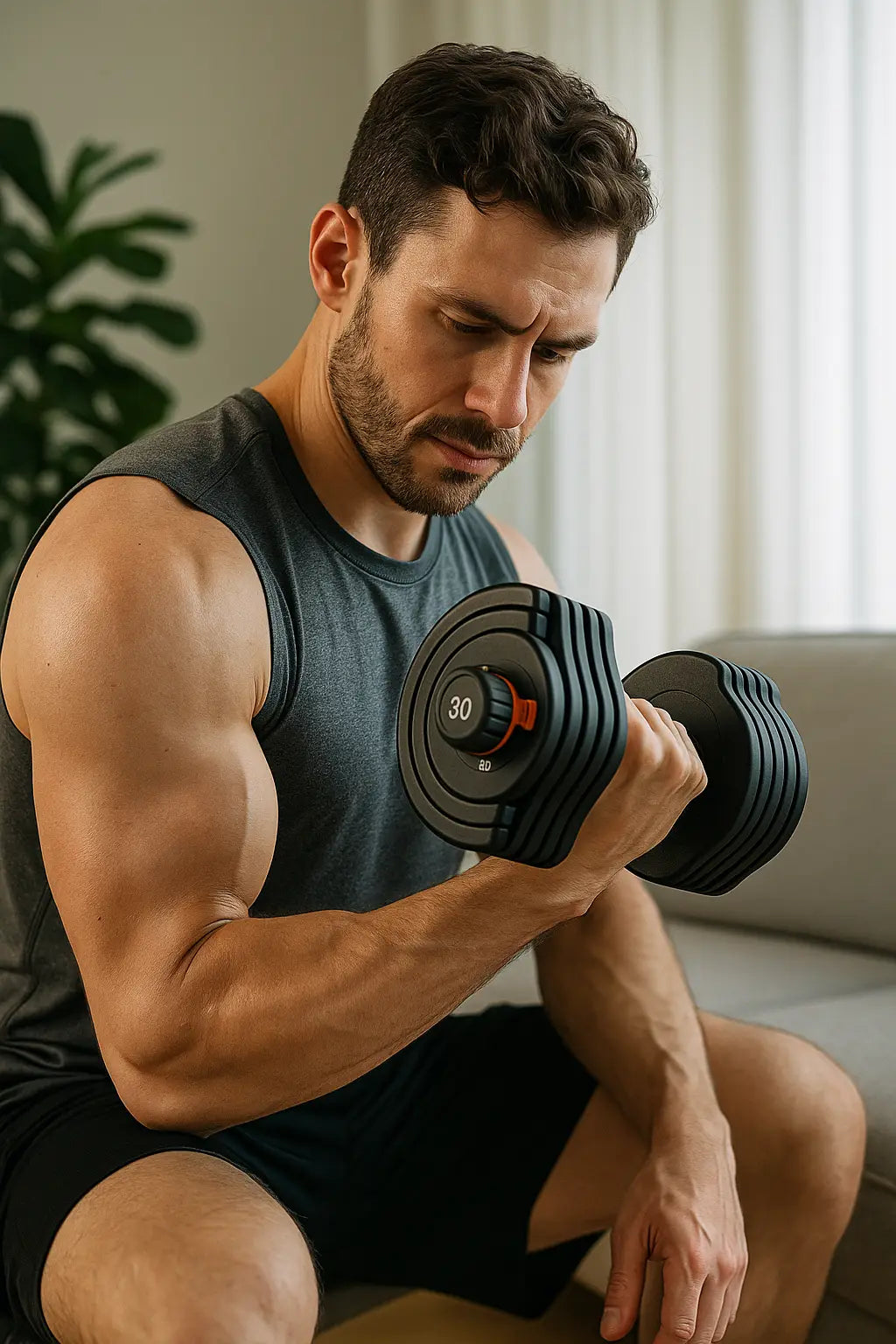 Man in a sleeveless workout shirt performing a bicep curl with a quick-lock adjustable dumbbell in a modern home gym living room