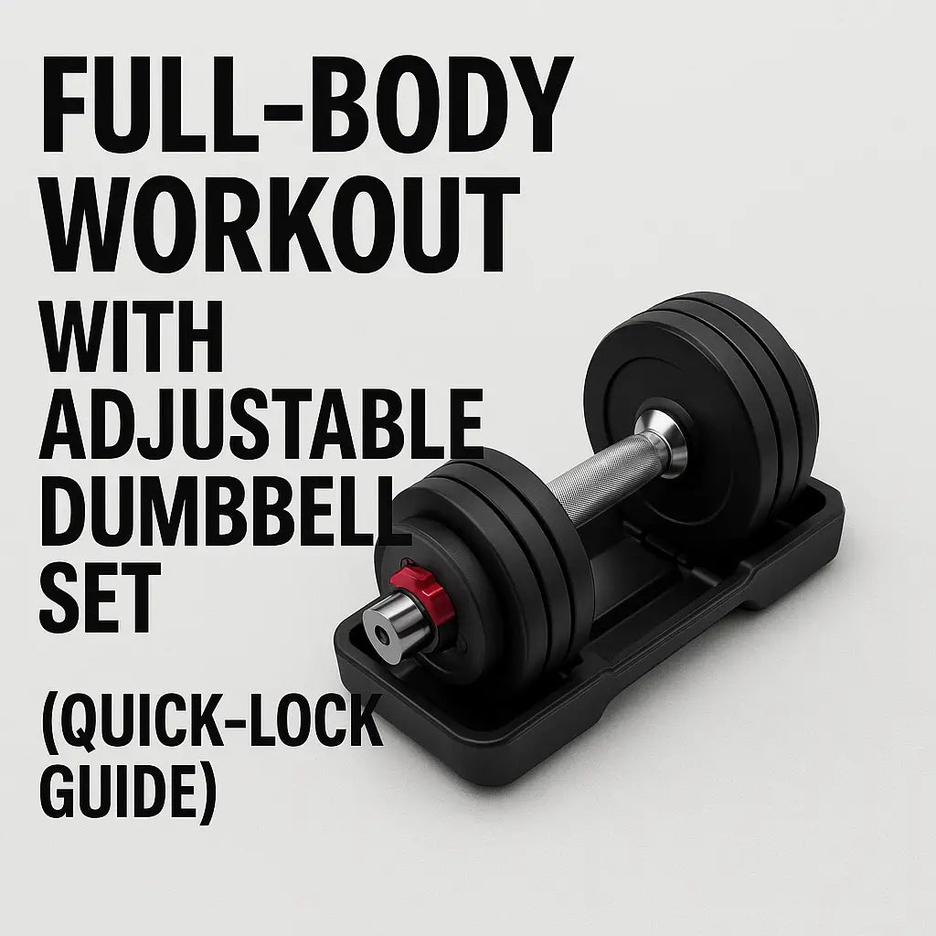 Promotional graphic of a quick-lock adjustable dumbbell set resting on a tray, with bold black text reading “Full-Body Workout with Adjustable Dumbbell Set (Quick-Lock Guide)” on a light gray background