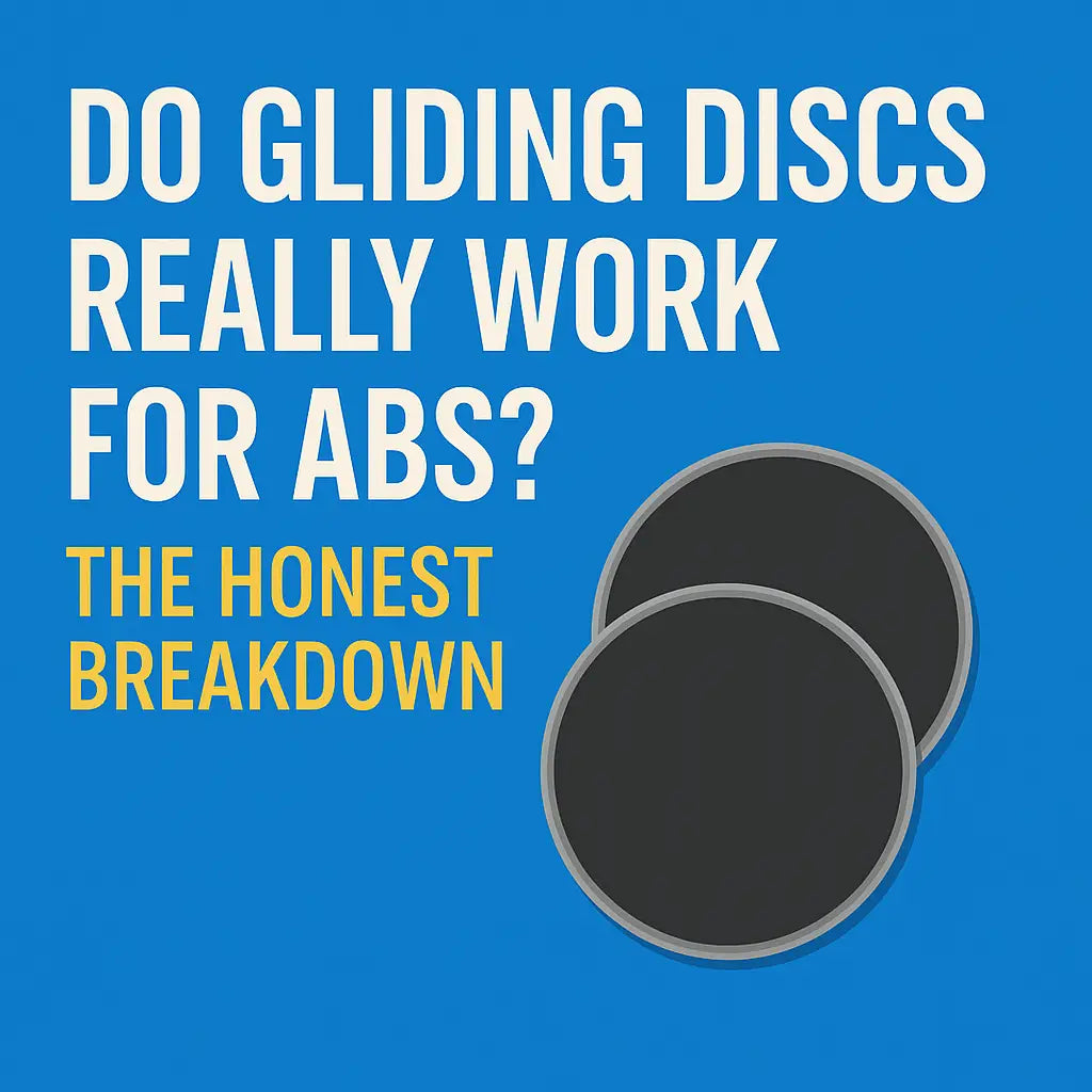 Blue background graphic with bold white text reading “Do Gliding Discs Really Work for Abs?” and yellow text below saying “The Honest Breakdown.” Two black gliding discs with gray rims are positioned on the right side.