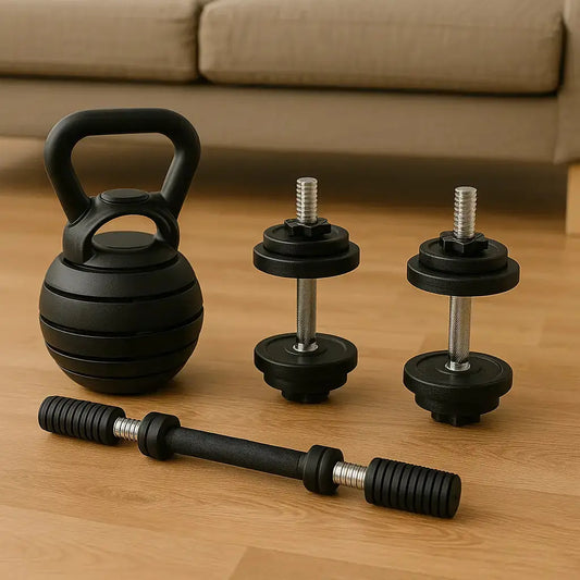 A set of adjustable workout equipment—including a kettlebell, two dumbbells, and a barbell handle—arranged neatly on a wooden floor in a living room.