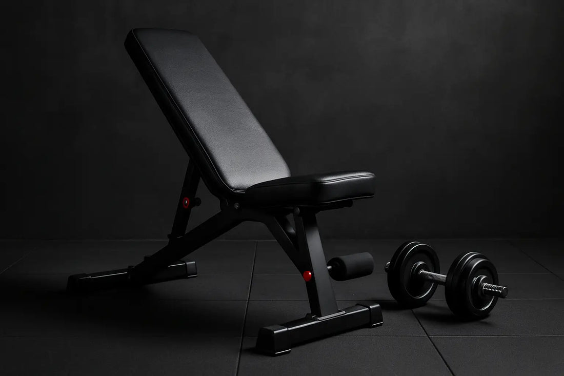 Adjustable weight bench with dumbbells in a modern home gym setting, symbolizing full-body workouts and lean muscle training