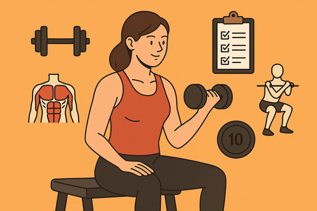 Woman performing a dumbbell bicep curl on a weight bench, surrounded by icons including a checklist, barbell, muscle diagram, weight plate, and a figure squatting—visually representing weight training basics and proper workout technique. 