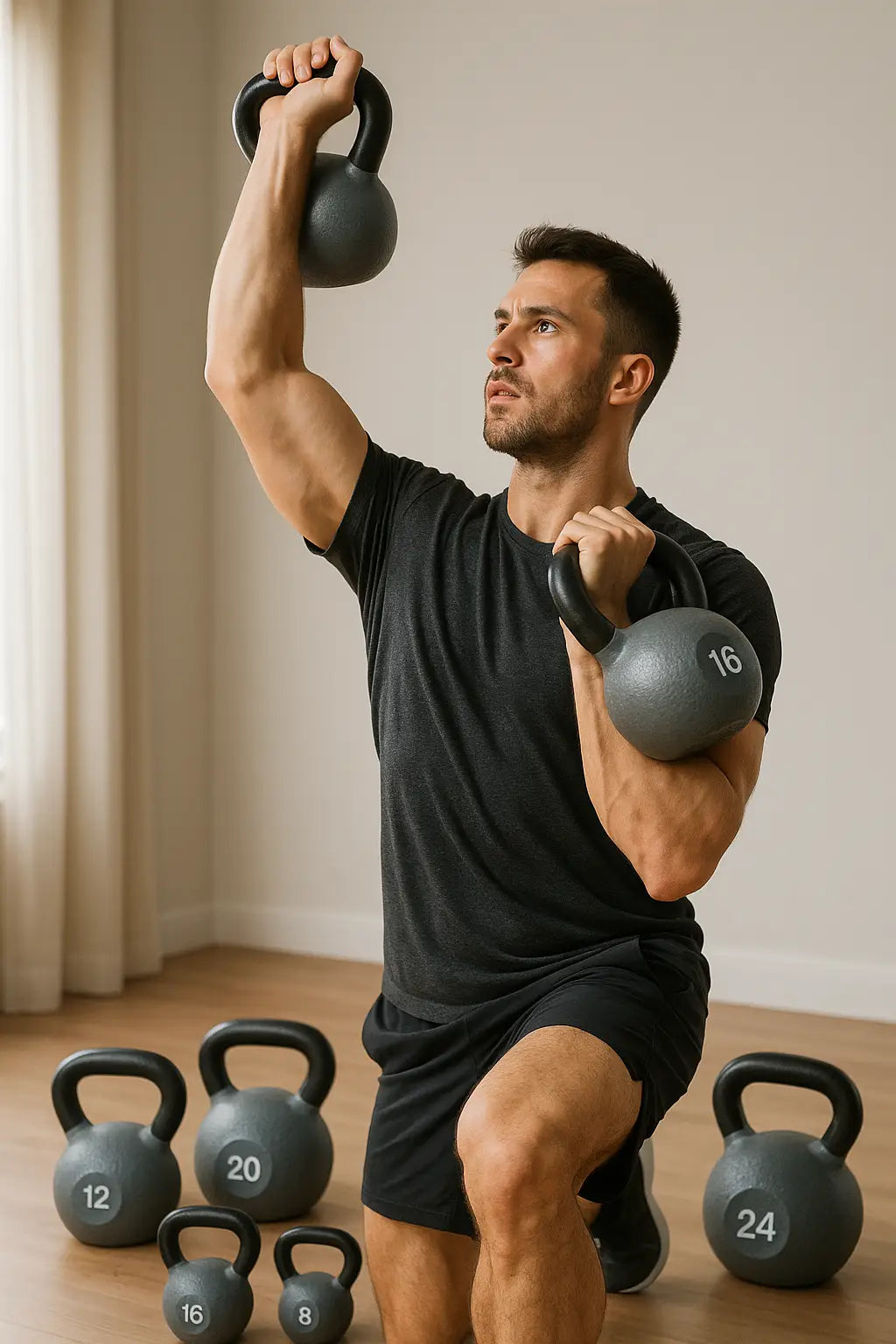 A fit man in athletic clothing performs a kettlebell press while kneeling in a bright home gym. Multiple kettlebells of different sizes are placed on the floor around him.