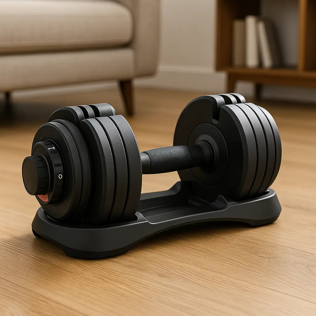 Close-up of a sleek quick-lock adjustable dumbbell on a stand, placed on a light oak floor in a modern living room with a beige sofa and shelving in the background