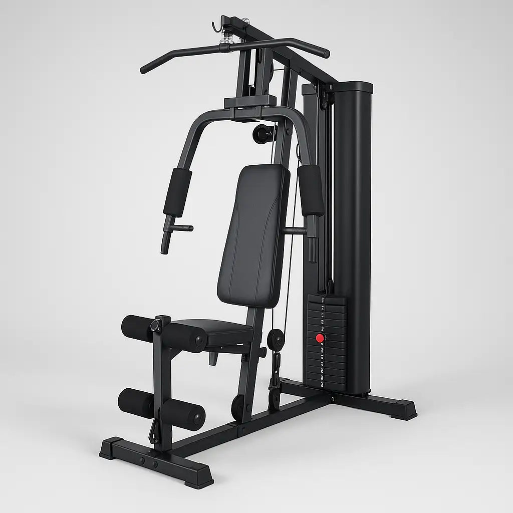 A sleek black and red multi-functional workout station from Exos Fitness, featuring a padded bench, lat pulldown bar, leg extension, and adjustable weight stack, designed for full-body training in a compact home gym setup.