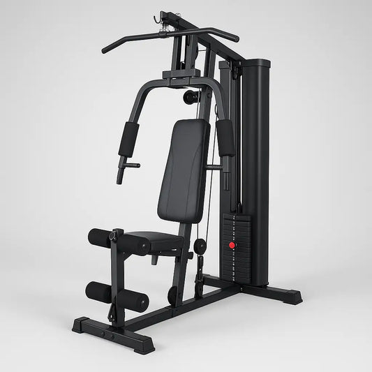 A sleek black and red multi-functional workout station from Exos Fitness, featuring a padded bench, lat pulldown bar, leg extension, and adjustable weight stack, designed for full-body training in a compact home gym setup.