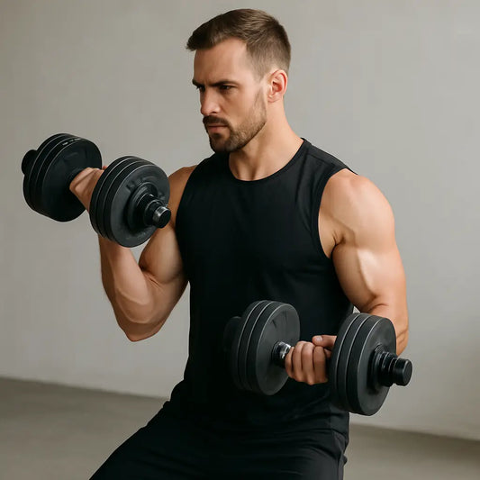 A fit man in a black sleeveless shirt performing bicep curls with quick-lock adjustable dumbbells in a minimalist indoor setting.