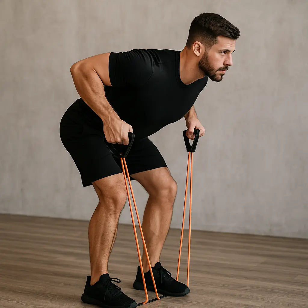 Man performing bent-over row with resistance bands during back workout at home. Strength training made easy with Adjustable Tension Resistance Bands