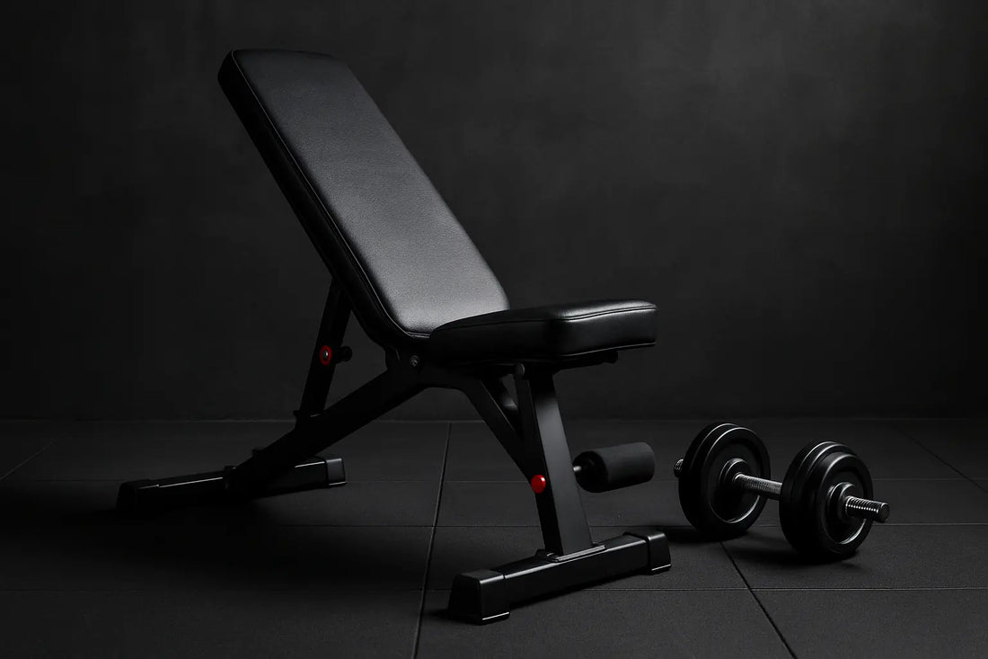 Adjustable weight bench with dumbbells in a modern home gym setting, symbolizing full-body workouts and lean muscle training