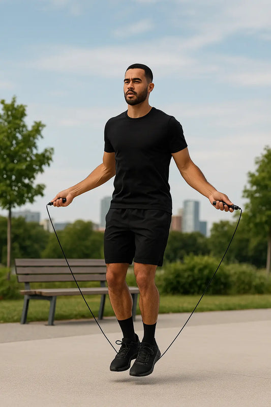 Man in black athletic wear doing jump rope outdoors in a sunny park, mid-jump with focused expression, showcasing cardio fitness training with greenery and city skyline in the background.