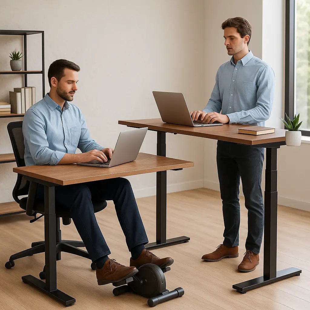 A modern office with two men working side by side—one seated at a desk pedaling on an under-desk exerciser, the other standing at a height-adjustable standing desk. Both use laptops in a bright, minimalist workspace with natural light and plants