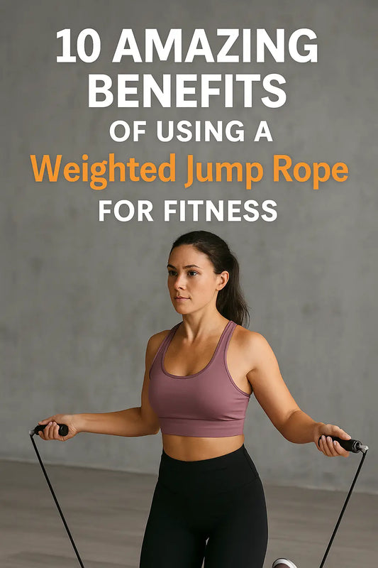 Fit woman in workout clothes using a weighted jump rope in front of a gray wall, with bold text overlay reading ‘10 Amazing Benefits of Using a Weighted Jump Rope for Fitness