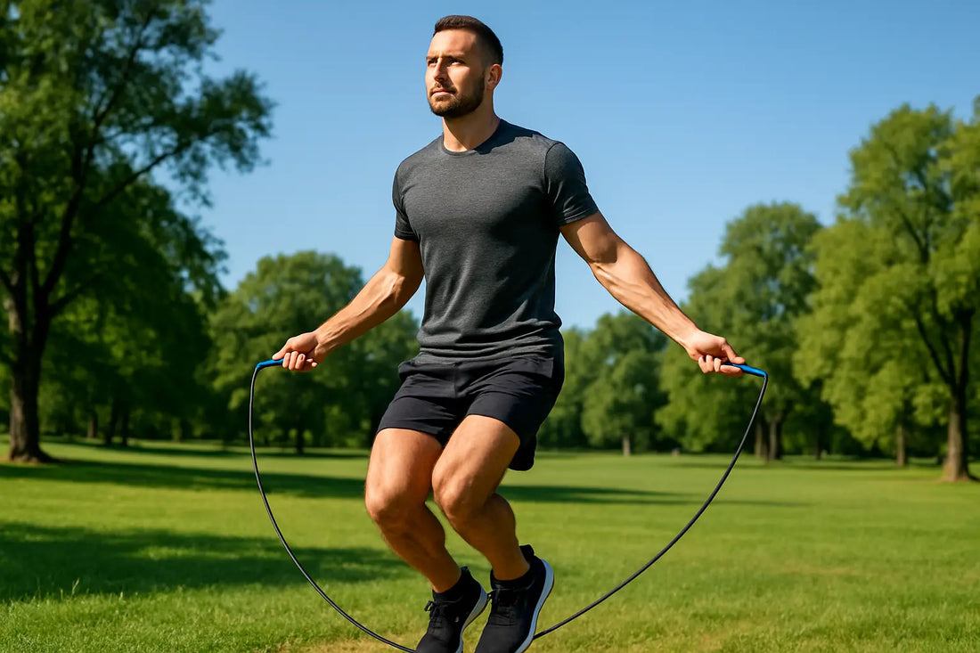 Man doing jump rope outdoors in athletic wear, mid-jump with focused posture, using a fitness rope for cardio and endurance training.