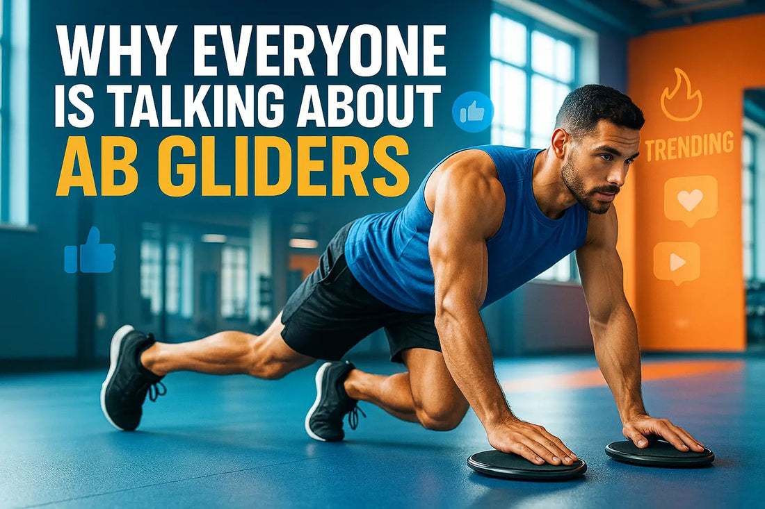 A black ab glider placed on the floor of a bright, modern gym with wooden floors and natural light streaming through large windows, surrounded by weights and workout equipment.
