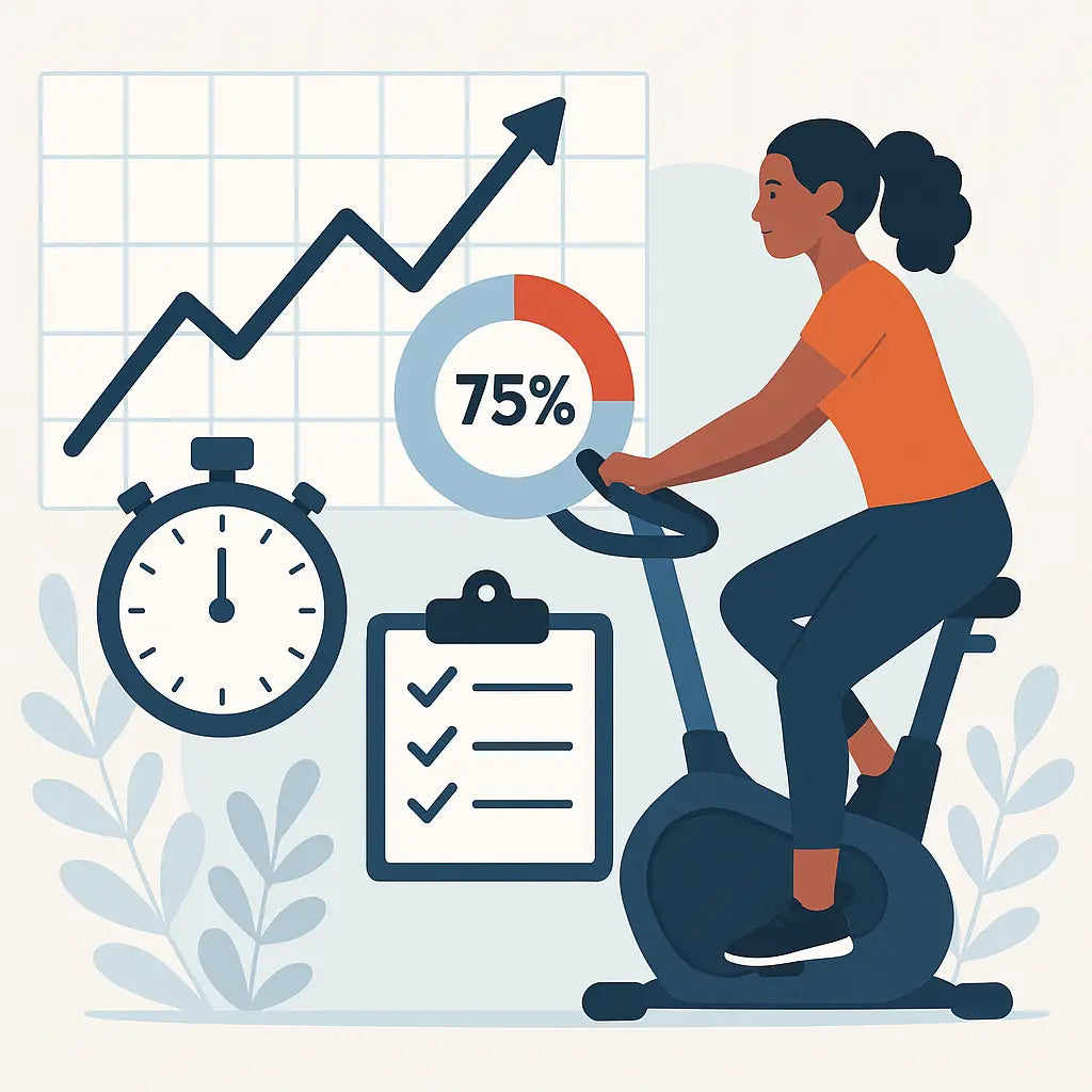 Woman riding a stationary exercise bike while monitoring fitness progress with visuals of a stopwatch, checklist, progress chart, and upward-trending graph—emphasizing the importance of tracking workout results for exercise bike success.