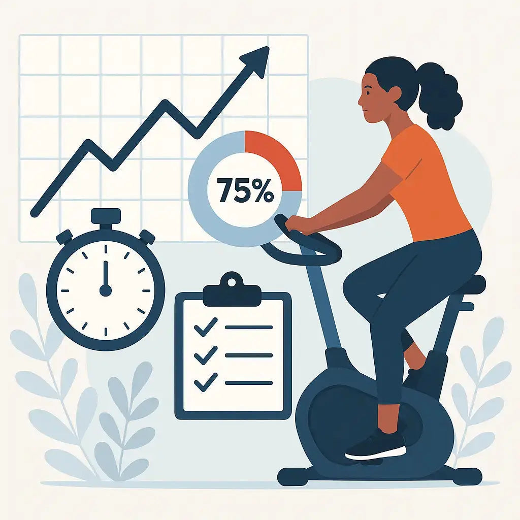 Woman riding a stationary exercise bike while monitoring fitness progress with visuals of a stopwatch, checklist, progress chart, and upward-trending graph—emphasizing the importance of tracking workout results for exercise bike success.