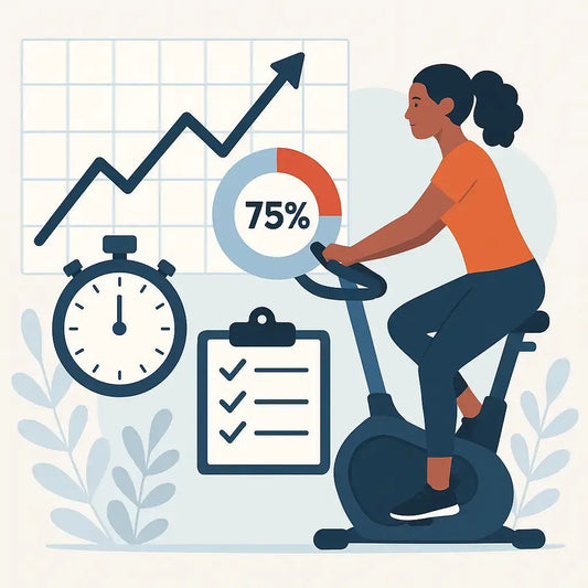 Woman riding a stationary exercise bike while monitoring fitness progress with visuals of a stopwatch, checklist, progress chart, and upward-trending graph—emphasizing the importance of tracking workout results for exercise bike success.
