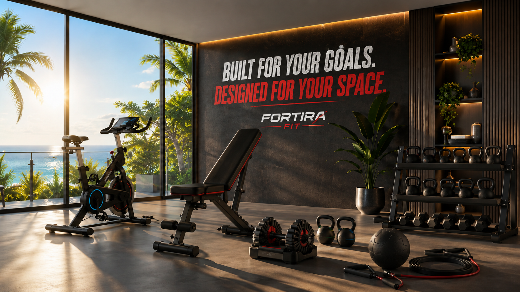 Modern gym interior with exercise equipment and 'Fortira' branding.